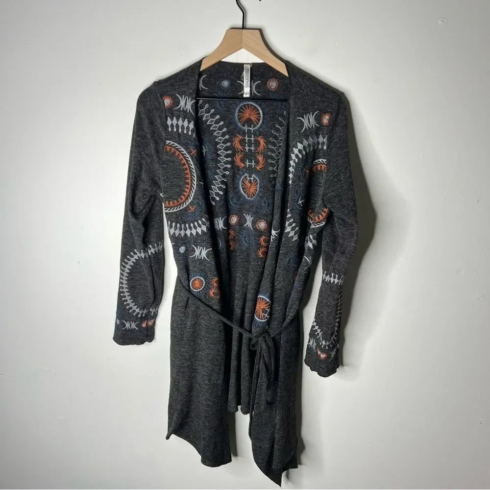 Monoreno Dark Gray Celestial Embroidered Cardigan Long Line Tie Waist Small